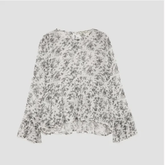 Zara floral sheer with sequence accent bell sleeves top blouse - Picture 2 of 9
